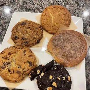 Double chocolate  Snickerdoodle  Sugar Oatmeal raisin Chocolate chip with nuts