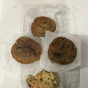 Top: oatmeal raisin, left: snickerdoodle, right: butter pecan, bottom: Fat Tuesday :)