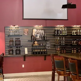 a bar with wine glasses on the wall