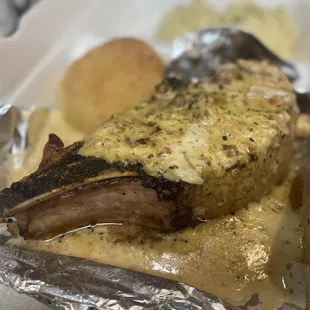 LOVE! Bone in pork chop was YUGE. Excellent. Get it! :)...
