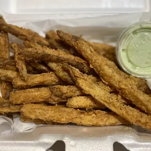 LOVE LOVE LOVE Seasoned battered fries w/house Wasabi aioli. So weird yet unexpected sock in your face of YUM! A must order :)...
