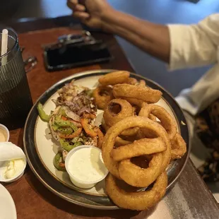 Smothered pan seared chicken and onion rings!
