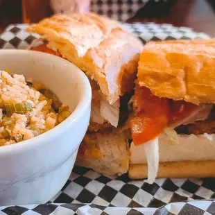 SHRIMP POBOY - Fried Shrimp, Traditionally Dressed, Cajun Mayo, with a side of DIRTY RICE.