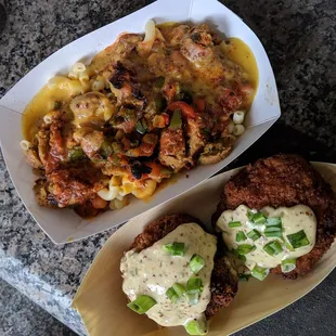 Top: veggie hot dog mac&amp;cheese from Original Thought   Bottom: fried mac&amp;cheese crawfish balls from House of Blues