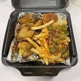 Lemon Pepper Wings, Fries with Cheese, Bacon and Jalepeno