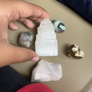 Selenite, Fluorite, Amazonite, Ocean Jasper, and Rose Quartz