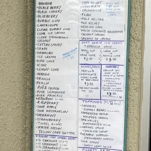 a menu on a wall