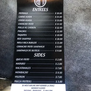 Updated menu as of May 2021