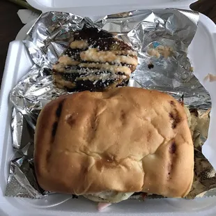 Nolanica burger with yucca fritters