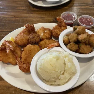 Fried shrimp with mashed potatoes and fried okra