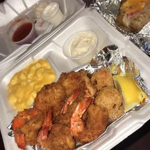 Shrimp, Mac and cheese, loaded baked potato