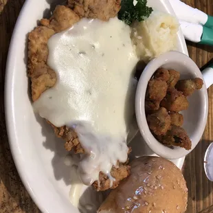 Chicken Fried Steak with fried Okra and Mashed Potatoes