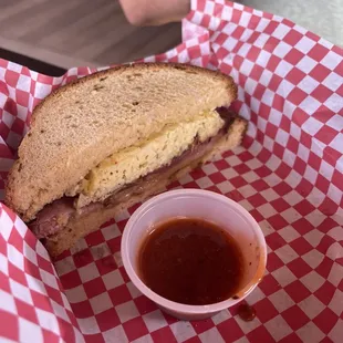 Delicious Green eggs and ham on a jalapeño cornbread bread