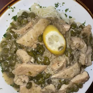 Chicken Piccata. I&apos;ve never seen capers this big. It was good.