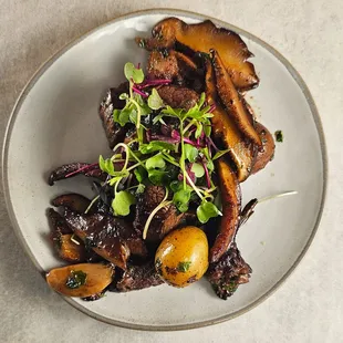 Locally grown mushrooms and beef tips