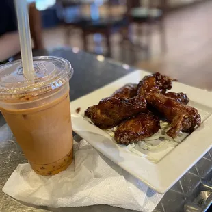 BBQ Chicken Wings, with Thai Tea and boba