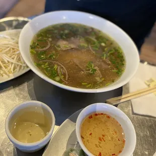 Beef Pho, broth it&apos;s wonderful, spring rolls were nice addition, loved the dipping sauce it came with.