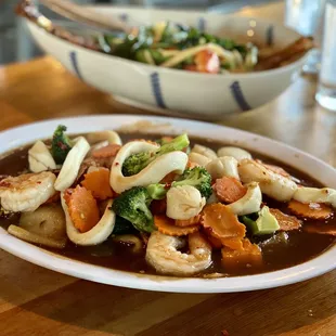 Lad Nah ($21) with Shrimp, Scallops, and Squid in Tapioca Gravy over Wide Rice Noodles