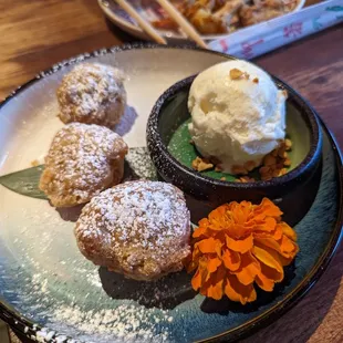 Fried banana fritters with coconut ice cream