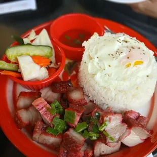 Pork belly with eggs and pickled veggies with rice