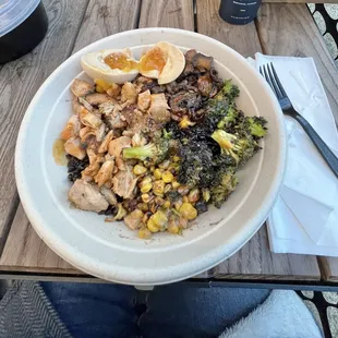 Teriyaki chicken with black rice, veggies, and the egg.