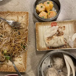 Pan-Fried Noodle in Superior Soy Sauce, pork bun, Shanghainese Soup Dumplings, Shrimp Siu Mai