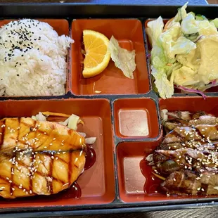 08.08.24 2 Items Bento Box - Salmon Teriyaki and Beef Teriyaki