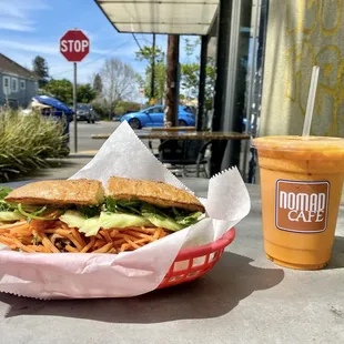 Chicken banh mi + Thai Iced Tea on the patio