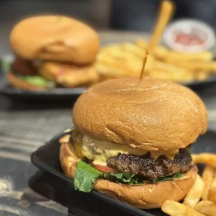 a hamburger and fries on a plate