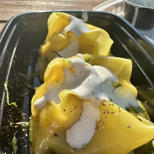 2 Beef and Potato Dumplings with Nomad White Sauce.