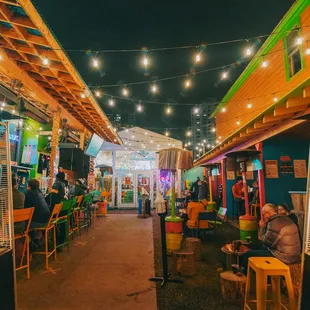 Outdoor patio at night.