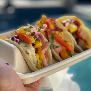 Sea bass taco, shrimp taco and beef taco