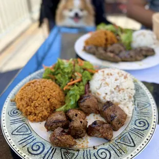 Lamb Kebab Plate w/ rice, bulgar, salad ($20)