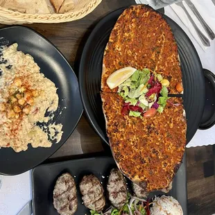 Lahmacun, baba ghanoush, kofte kebab plate