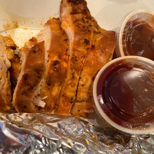 Smoked BBQ chicken snd BBQ sauce. Sorry, I ate a few slices already! So good!