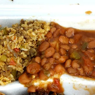 Spicy dirty rice &amp; BBQ beans gettin&apos; friendly.