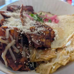 Chilaquiles (Red and Green) with egg