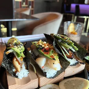 Left: Eel Sushi Roll Middle: Creamy Scallop Sushi Roll Right: Eel Sushi Roll