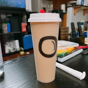 Regular milk tea with less ice and 25% sugar