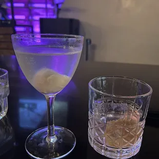 Lychee Martini (left) and Ube Rum Milk Punch (right)