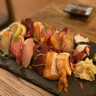 Nigiri Sampler (Chef's Choice): salmon, tuna, yellowtail, albacore tuna, octopus, shrimp, and others I can't remember