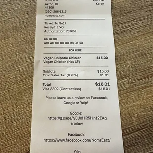 Note at top where it says "to go" and at bottom where I was charged tax.