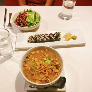 Ramen, soft shell crab sushi, eel bowl