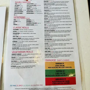 Sushi menu