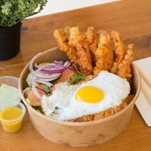 Glazed shrimp with rice and fried egg