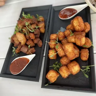 Pork belly &amp; fried cheese with rum guava sauce
