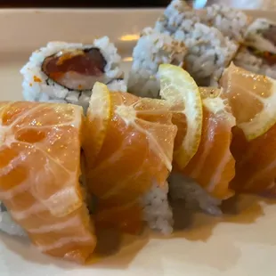a close up of a sushi roll on a plate