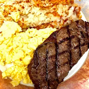 steak, eggs, and hash browns