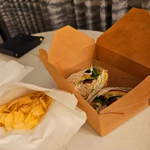 I brought my sandwich and homemade chips upstairs to our room.