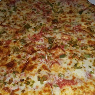 Extra large cheese and green pepper!  Pretty good stuff!